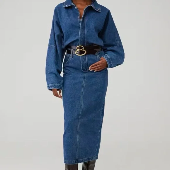 NWT Ronny Kobo Sebastian Denim Point Collar Neck Long Dolman Sleeve Midi dress - Picture 9 of 10